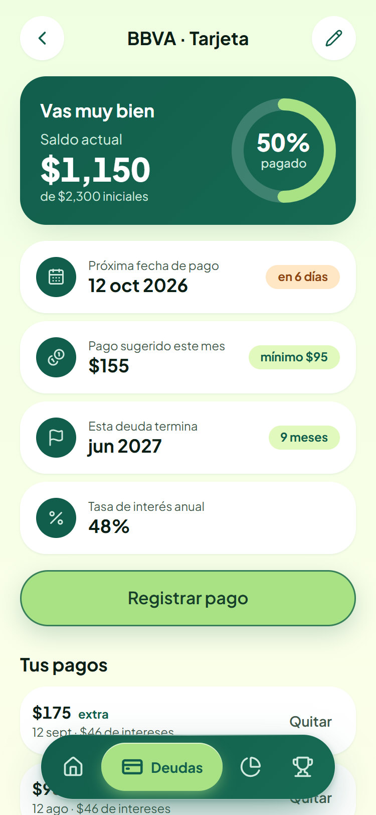 Detalle de una deuda: próxima fecha de pago y fecha en que termina