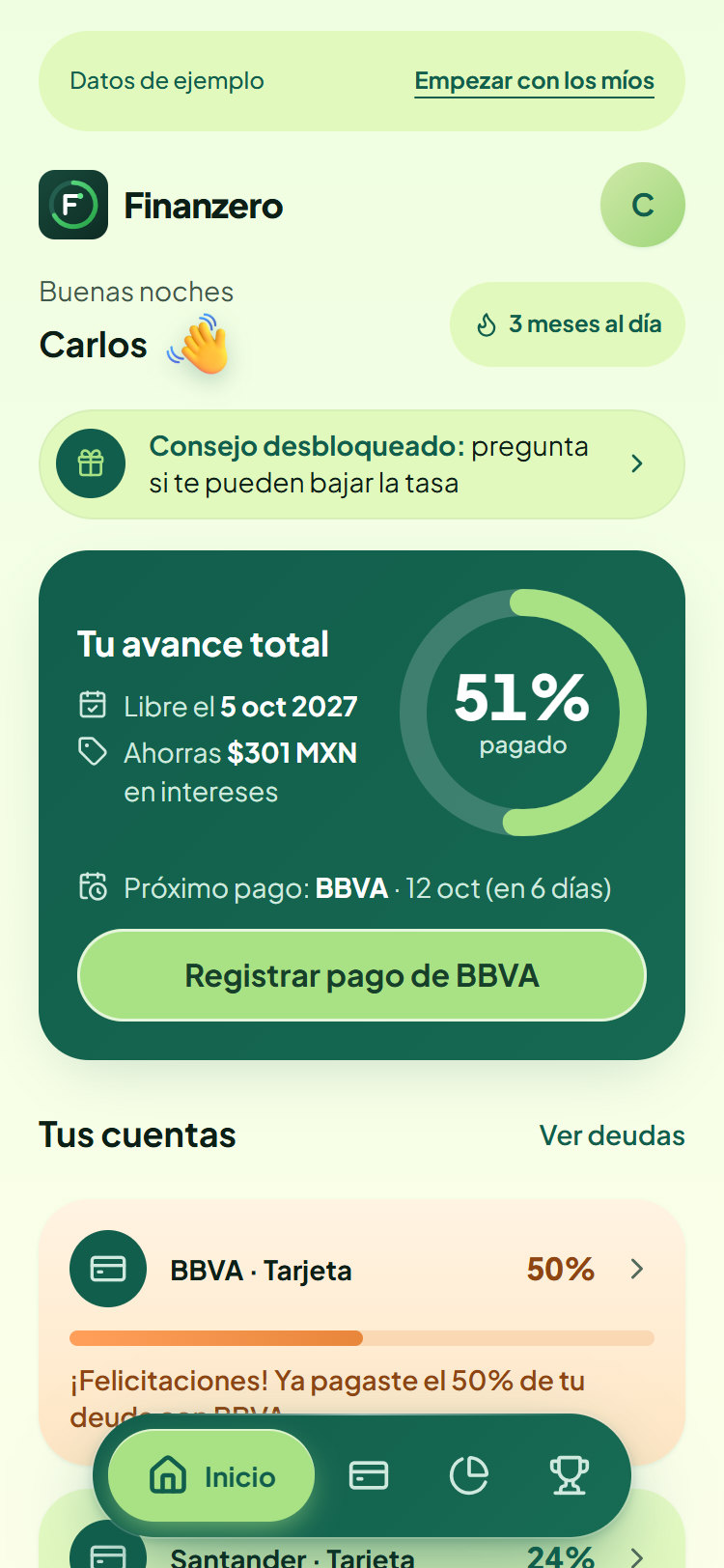 Pantalla de Inicio de Finanzero: 51% de la deuda pagada, fecha de libertad el 5 de octubre de 2027, próximo pago y avance de cada cuenta