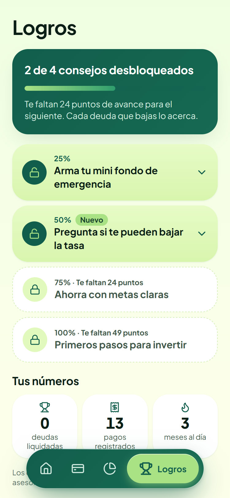 Logros: consejos que se desbloquean al avanzar